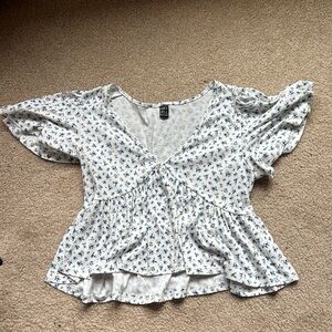 SHEIN white and blue floral Flutter Sleeve Blouse